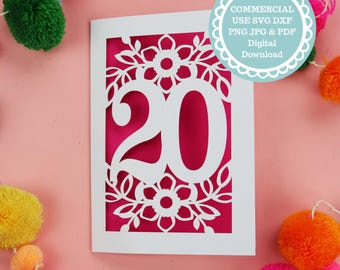 20th Birthday Card SVG For Cricut or Laser Cutting, Paper Cut Card Templates