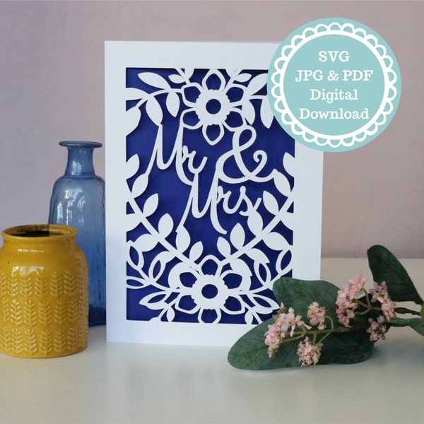 Mr & Mrs Wedding Card Papercut Template, SVG File for Cricut, Digital Download
