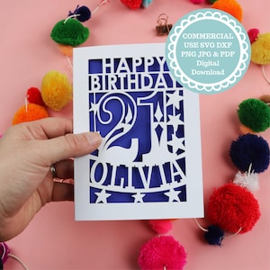 SVG PDF Modelo de cartão de aniversário de 21 anos personalizado em papel recortado, arquivo SVG de cartão de 21 anos para Cricut, download digital Cricut Card Making, cartão Dxf