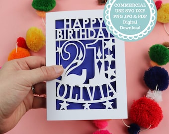 SVG PDF Personalised 21st Birthday Card Papercut Template, age 21 card SVG File for Cricut, Digital Download Cricut Card Making, Dxf Card