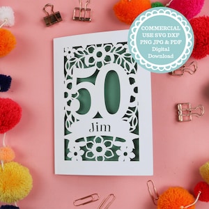 50. Geburtstag Papierschnitt Einlegekarte für Cricut oder Laserschneiden