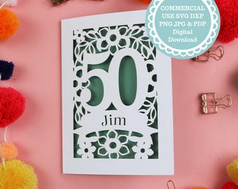 50. Geburtstag Papierschnitt Einlegekarte für Cricut oder Laserschneiden