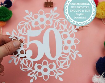 Papercut Template 50 Floral Wreath Number for Commercial Use, Birthday Gift Digital Download SVG PDF PNG Jpeg