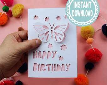3D Butterfly Birthday Card Cricut SVG - Pop Out 3D Insert Card Template
