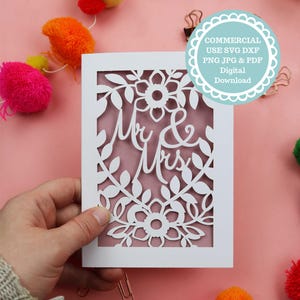 Modelo de cartão de casamento SVG Sr. e Sra. Papercut, arquivo de criação de cartão para Cricut, download digital