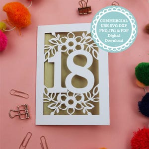 Modèle Papercut de carte d'anniversaire pour les 18 ans PDF SVG, carte d'âge 18 ans fichier SVG pour Cricut, téléchargement numérique