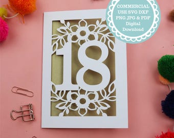 SVG PDF 18th Birthday Card Papercut Template, age 18 card SVG File for Cricut, Digital Download