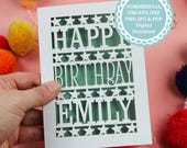 SVG Happy Birthday Name Card Papercut Template, SVG File for Cricut, Digital Download, Personalisable, Personalised card