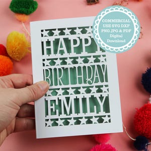 SVG Happy Birthday Name Card Papercut Template, SVG File for Cricut, Digital Download, Personalisable, Personalised card