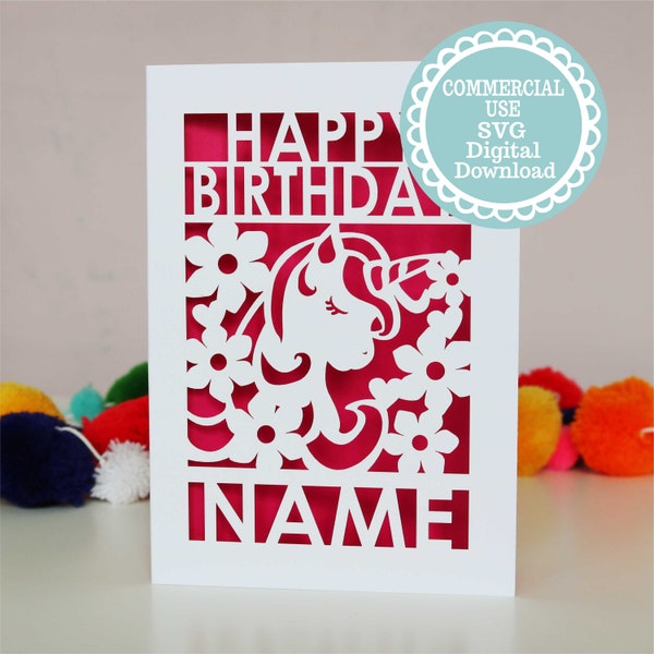 Personalised Unicorn Birthday Card Papercut Template, Kid Bday File for Cricut, Digital Download, gift or card SVG DXF and PNG
