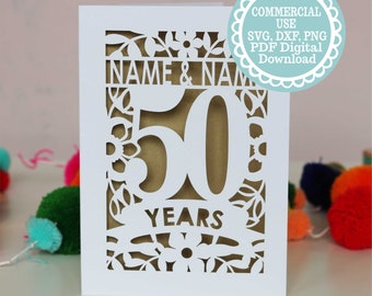 SVG COMMERCIAL USE Personalised 50th Anniversary Card Papercut Template, File for Cricut, Digital Download, gift or card