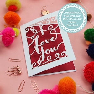 SVG KOMMERZIELLE NUTZUNG Ich liebe dich Karten Papierschnitt Vorlage, Datei für Cricut, digitaler Download, Valentinstag, Jubiläum