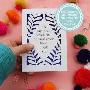 SVG COMMERCIAL USE Personalised Leafy Diamond Card Papercut Template, File for Cricut, Digital Download, Greeting Card file for Any Occasion