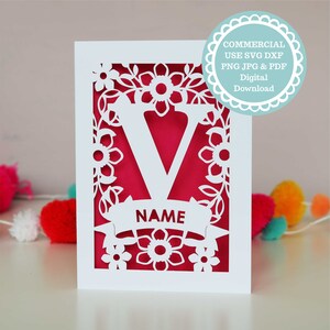 SVG COMMERCIEEL GEBRUIK Gepersonaliseerde V Initial Card Papercut Template, Bestand voor Cricut, Digitale Download, cadeau of kaart