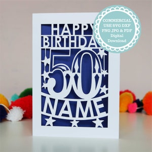 SVG PDF Personalised 50th Birthday Card Papercut Template, age 50 card SVG File for Cricut, Digital Download Cricut Card Making, Dxf Card