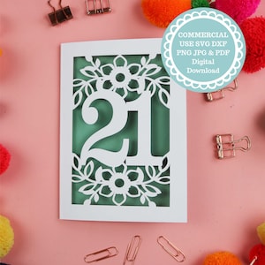 Tarjeta de cumpleaños número 21 en formato SVG (disponible en formato Cricut y láser) – Descarga digital para Cricut y cortadoras láser – Tarjeta de felicitación o regalo DIY