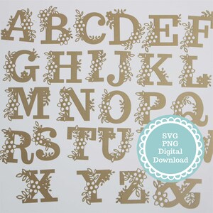 SVG PNG commercieel gebruik bloemen decoratieve letters, alfabet, papercut monogram, botanische eerste papercuts, laser, Cricut sjabloonbestanden