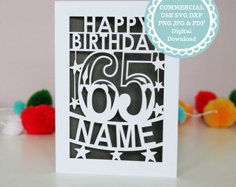 SVG PDF Personalised 65th Birthday Card Papercut Template, age 65 card SVG File for Cricut, Digital Download Cricut Card Making, Dxf Card