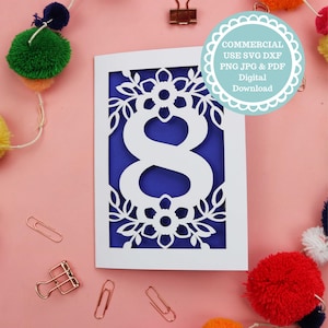 8th Birthday Papercut Insert Card Template SVG For Cricut or Laser Cutting