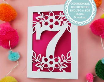 Papercut 7e verjaardagskaart SVG voor Cricut of lasersnijden
