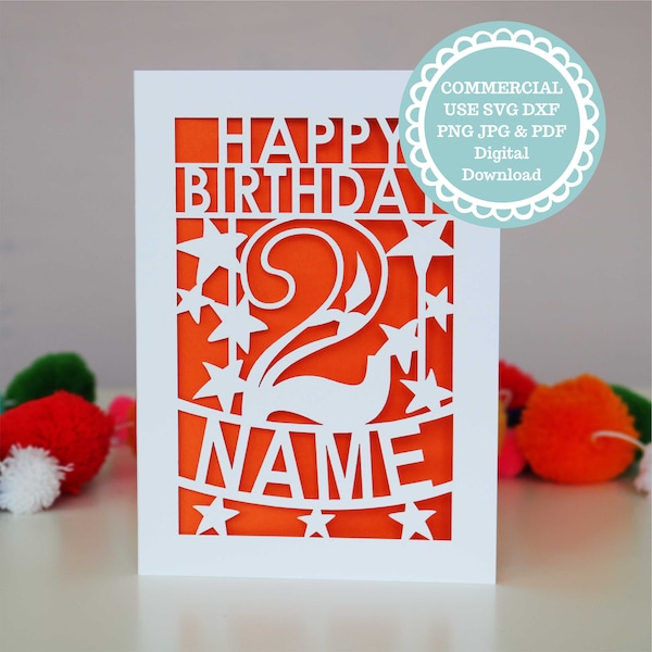 SVG PDF Personalised 2nd Birthday Card Papercut Template, age 2 card SVG File for Cricut, Digital Download Cricut Card Making, Dxf Card