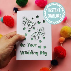 Biglietto di nozze in carta ritagliata con farfalla 3D SVG, modello per matrimonio Cricut, file tagliati al laser