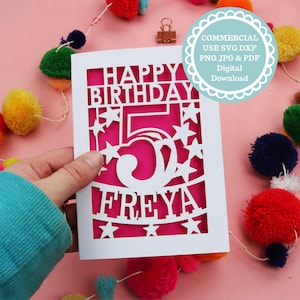 5e anniversaire Papercut carte SVG - carte d'anniversaire bricolage pour Cricut et découpe laser - usage commercial - téléchargement numérique