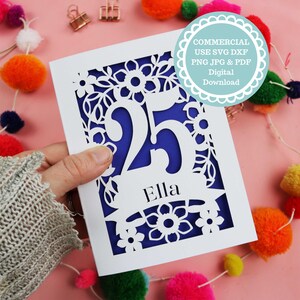 File SVG per biglietto di auguri per il 25° compleanno per Cricut o taglio laser, personalizzabile e per uso commerciale