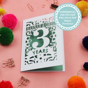 Papercut 3周年記念インサートカード Cricut テンプレート SVG、商用利用可能、即時デジタルダウンロード