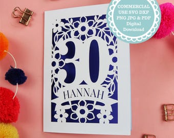 Biglietto di auguri per il 30° compleanno SVG per Cricut o taglio laser, modelli di biglietti personalizzati in carta tagliata