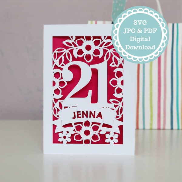 SVG PDF Personalised 21st Birthday Card Papercut Template, age 21 card SVG File for Cricut, Digital Download