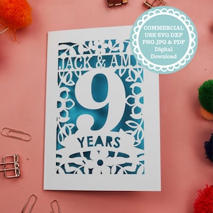SVG COMMERCIAL USE Personalised 9th Anniversary Card Papercut Template, 9 years File for Cricut, Digital Download, Paper Wedding gift