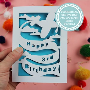 SVG PDF Cartão de feliz aniversário avião modelo de corte de papel, arquivo SVG para Cricut, download digital, cartão personalizável para aniversário de meninos
