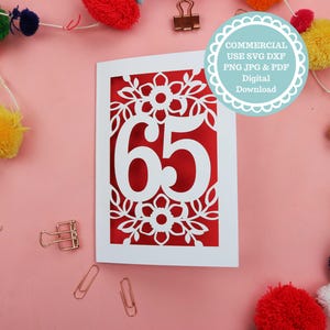 Cartão de inserção de aniversário de 65 anos SVG para Cricut ou corte a laser