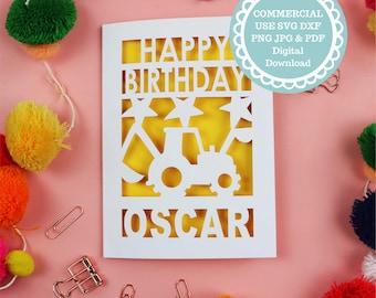 Digger Birthday Card SVG for Laser Cutting or Cricut, Papercut Insert Card Templates, Kids Birthday