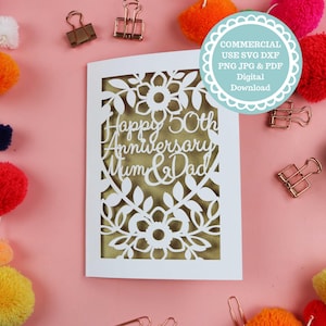 Plantilla de corte de papel para tarjeta de aniversario de oro de mamá y papá con archivo SVG para Cricut, padres que celebran el 50.º aniversario de bodas