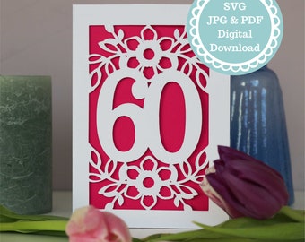 SVG PDF 60th Birthday Card Papercut Template, age 60 card SVG File for Cricut, Digital Download