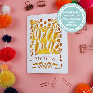 COMMERCIEEL GEBRUIK Well Done Gefeliciteerd Card Papercut-kaartsjabloon, SVG-bestand voor Cricut, digitale download