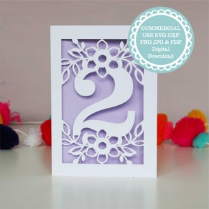 Modello Papercut per biglietto di compleanno SVG PDF DXF, file in formato Svg per carta di 2 anni per Cricut, download digitale