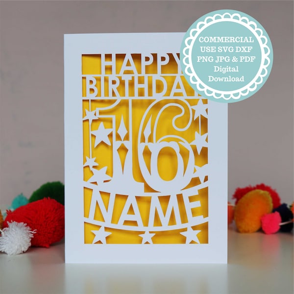 SVG PDF Personalised 16th Birthday Card Papercut Template, age 16 card SVG File for Cricut, Digital Download Cricut Card Making, Dxf Card