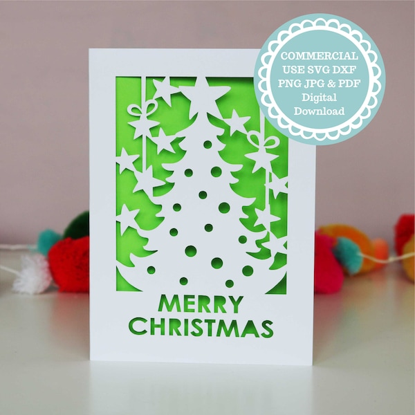 SVG COMMERCIAL USE Christmas Tree Card Papercut Template, Includes Personalisable Version, File for Cricut, Digital Download, gift or card