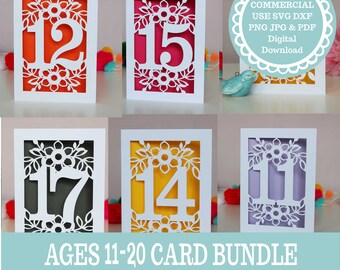 COMMERCIAL USE BUNDLE Teenage Birthday Card Papercut Templates, 11-20 Birthdays