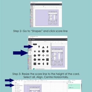 May include: A screenshot of a computer screen showing a design program with a score line tool. The score line tool is highlighted in blue. The design program is showing a design for a 30th birthday card. The card is a light purple color with a white outline of the number 30 and the words "30 Years" in white.