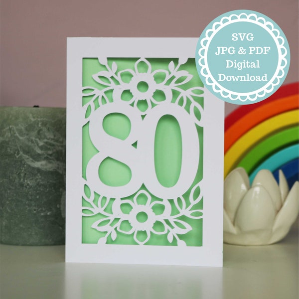 SVG PDF 80er Geburtstag Karte Papercut Vorlage, 80er Geburtstag Karte SVG Datei für Cricut, digitaler Download