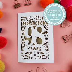 98e anniversaire carte papier découpé SVG pour la découpe laser ou les cartes d'insertion Cricut