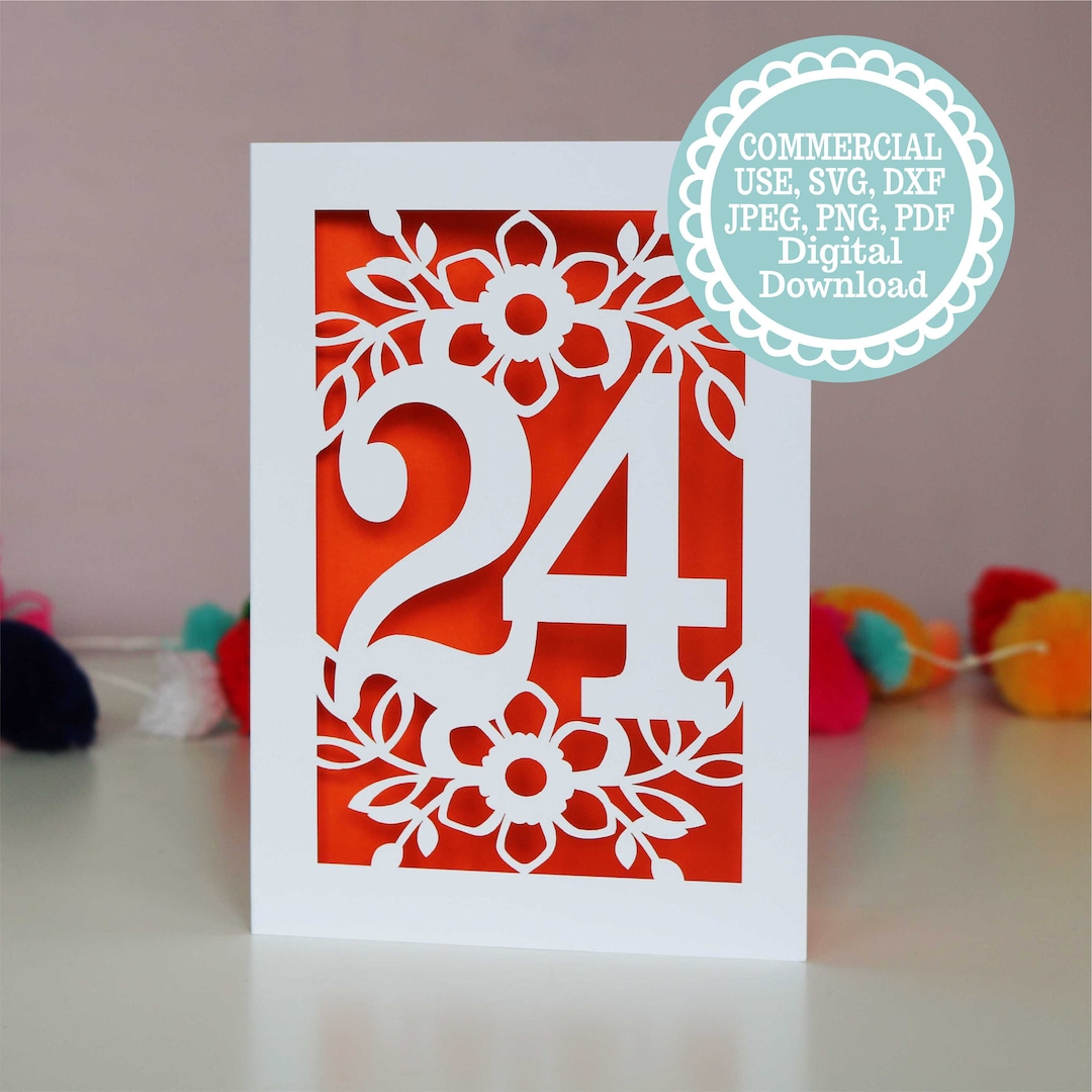 Simple 24 Card SVG PDF DXF 24th Birthday Card Papercut Template, Age 24 Card Svg File ...