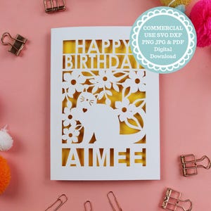 Carte d'anniversaire chat SVG pour elle, fichiers de découpe laser