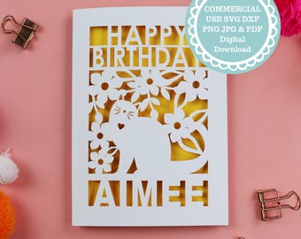 Cat Birthday Card SVG for Her, Laser Cutting Files