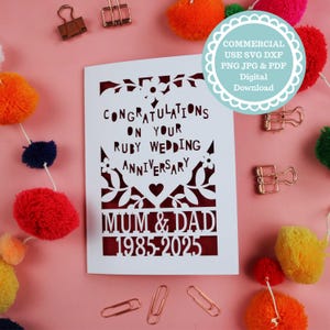 Szablon SVG Ruby Anniversary Card – 40. rocznica ślubu Papercut Design dla Cricut i Laser Cutters – Dozwolone użycie komercyjne