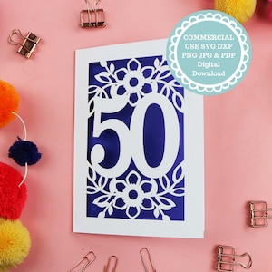 SVG-pdf 50e verjaardag Papercut-kaartsjabloon, leeftijd 50 kaart SVG-bestand voor Cricut, digitale download